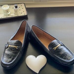 RALPH LAUREN Black Crocodile Embossed Loafers with Gold Accent